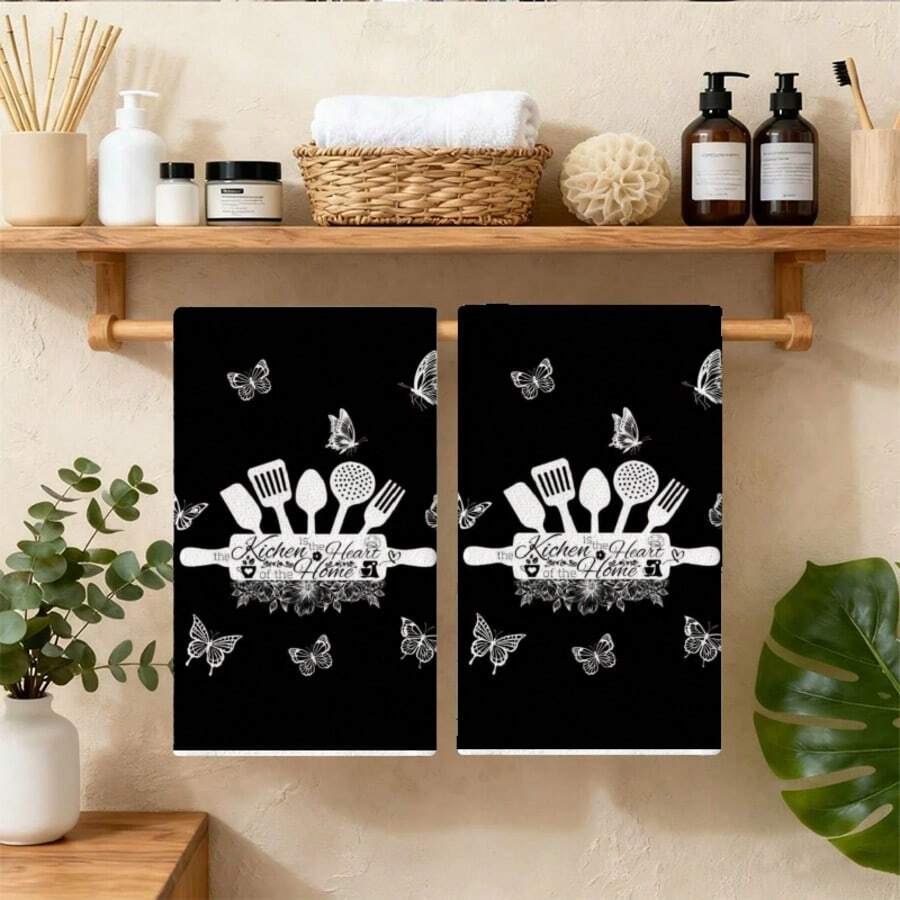 2pcs/Set, Fun Kitchen Knife & Fork Pattern Kitchen Towels, Super Soft & Highly Absorbent Dish Cloths, Cooking Baking Tea Towels, Dish Cloths, Tea Towels, Kitchen Decor, Neighbor Gift, Mom Gift, Birthday Gift, Sweet Housewarming Gift For Friends, Kitchen Accessories, Decorations, Daily Necessities, Christmas Gift, Christmas Decor. - Black - View 1