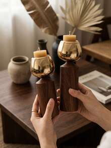 Wood & Gold Metal Candlestick Holder, Retro Table Candle Holder Decor For Wedding, Dining Room, Home Decor,Wood & Gold Metal Candlestick Holder, Retro Table Candle Holder Decor For Wedding, Dining Room, Home Decor. - Fashionable Light Luxury Style - View 1