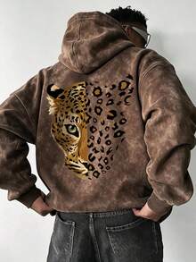 Áo hoodie nam màu nâu giặt mài rách, họa tiết báo nửa mặt phối patchwork, phong cách streetwear dáng rộng chui đầu - màu nâu - Xem 2