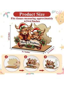 Christmas Highland Cow Wooden Napkin Holder, Merry Christmas Table Tissue Storage Rack, Xmas Tabletop Decor, Holiday Party Kitchen Dining Table Decoration, Gift For Family Friends, Winter Farmhouse Home Decor - View 6