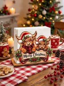 Christmas Highland Cow Wooden Napkin Holder, Merry Christmas Table Tissue Storage Rack, Xmas Tabletop Decor, Holiday Party Kitchen Dining Table Decoration, Gift For Family Friends, Winter Farmhouse Home Decor - View 1