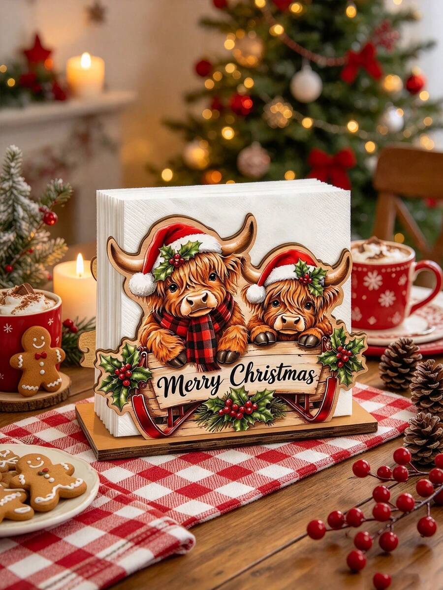 Christmas Highland Cow Wooden Napkin Holder, Merry Christmas Table Tissue Storage Rack, Xmas Tabletop Decor, Holiday Party Kitchen Dining Table Decoration, Gift For Family Friends, Winter Farmhouse Home Decor - View 1