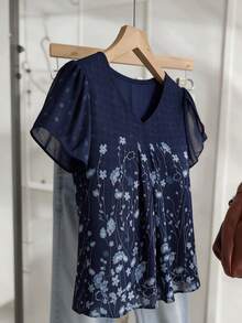 Plus Size Women's Casual Short Sleeve Shirt Floral Print V-Neck Double Layer Cover Up Top - Blue - View 1