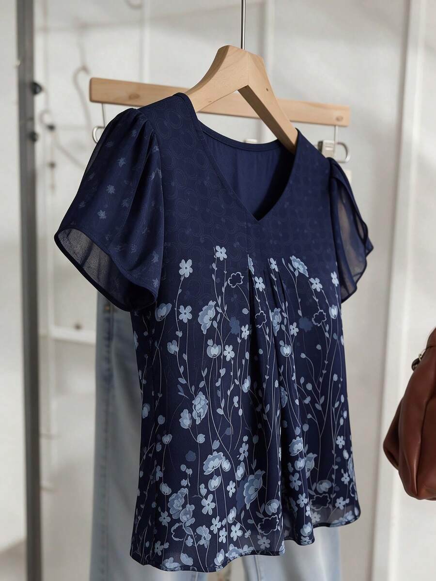 Plus Size Women's Casual Short Sleeve Shirt Floral Print V-Neck Double Layer Cover Up Top - Blue - View 1