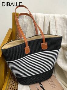 2026 New Large Capacity Straw Tote Bag, Fashion Versatile Commuter Shoulder Bag, Beach Vacation Travel Straw Woven Tote Bag - Black - View 2