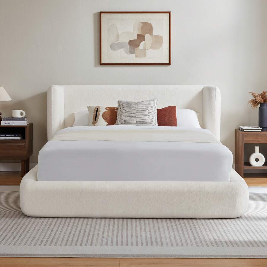 140x200 Cm Compression Bed. Bed Frame With Padded Headboard, Reinforced Steel Frame, No Box Spring: Easy Assembly, High Stability, Mattress Not Included. - Creamy White - View 1