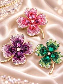 1pc Multicolor Lucky Four-Leaf Clover Rhinestone Luxury Elegant Brooch Lapel Pin Unisex Daily Banquet Wedding Party Gift Clothing Decoration - Pink - View 2