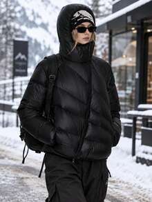 Women's Solid Color Long Sleeve Zip-Up Hooded Winter Padded Coat - Black - View 10
