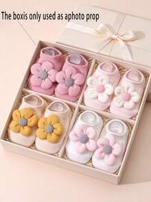 4 Pairs Baby Girls Short Socks With 3D Flower Design, Soft Cotton Non-Slip Boat-Shaped Floor Socks, Suitable For Newborns 0-12 Months - Multicolor - View 9