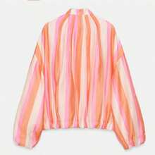 Women's Striped Zipper Casual Baseball Jacket, Lantern Sleeve Contrast Color Top - Multicolor - View 5