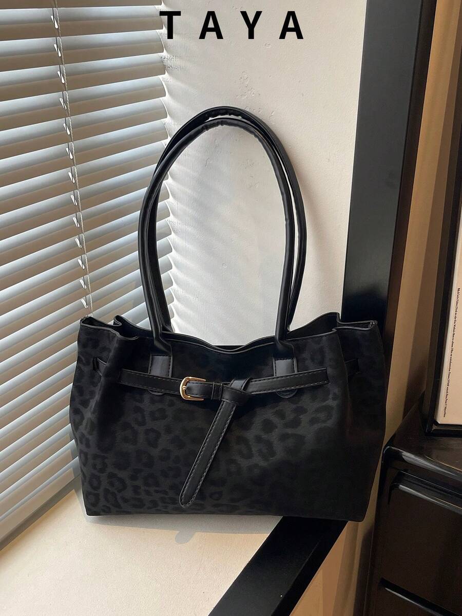 Women's Leopard Print Faux Suede Tote Bag, Vintage Buckle Decor Shoulder Handbag, Large Capacity Casual Commute Shopping Bag