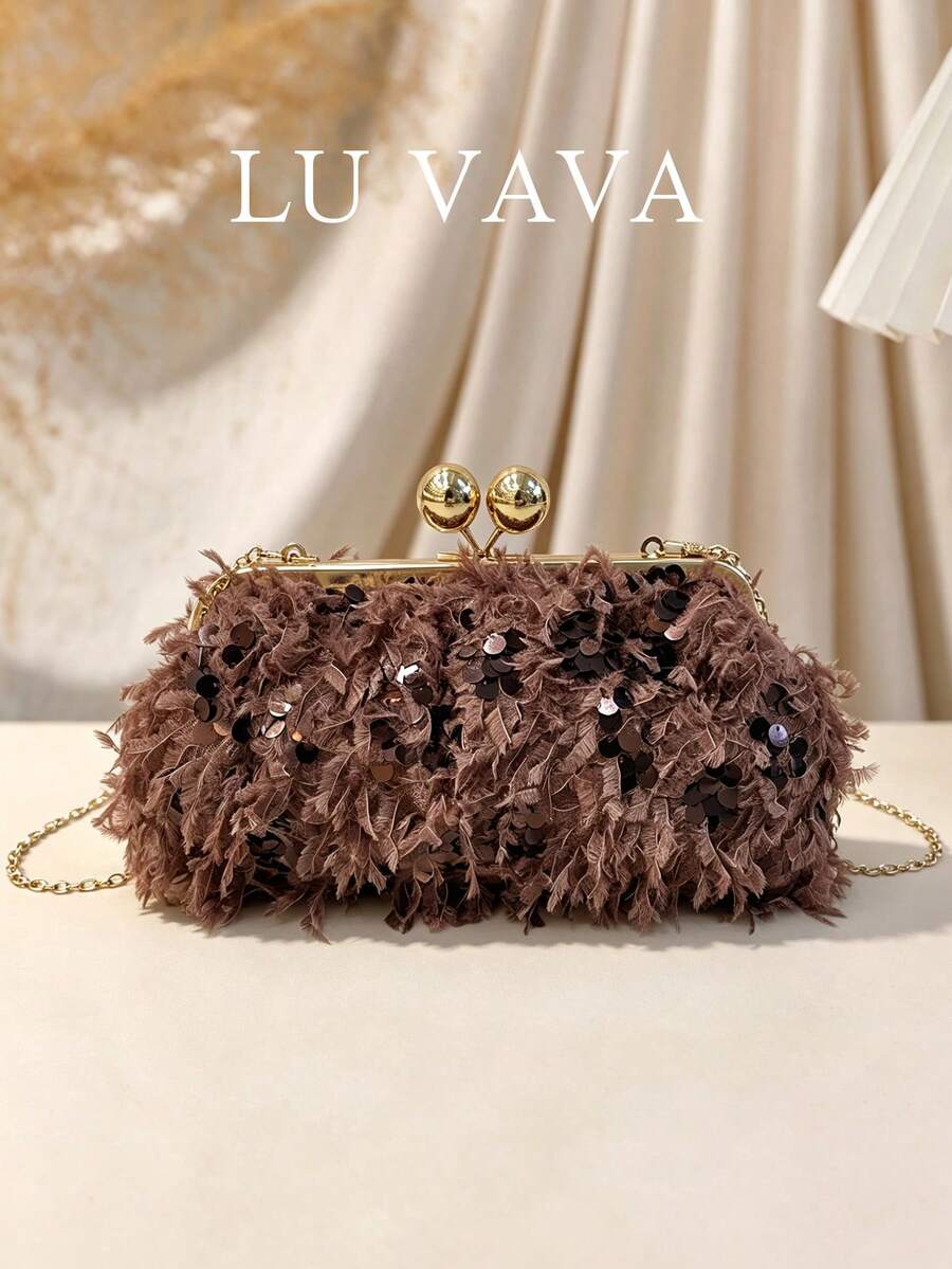 Fuzzy Sequin Coffee Brown Evening Clutch/Ball Party Handbag/Wedding/Prom/Fluffy Clutch/Kiss Lock Clutch/Feather-Look Clutch/Formal Event Bag - Brown - View 1