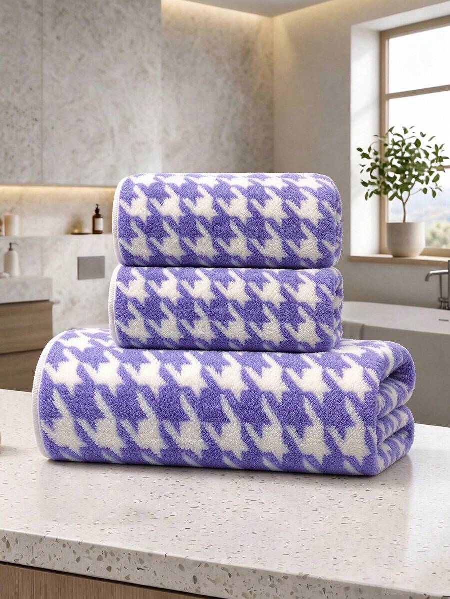 1pc/3pcs-Houndstooth Pattern Towel Set, Soft And Fluffy Touch, Strong Water Absorption, Quick Drying And Lint-Free. Classic Houndstooth Geometric Print, Fashionable And Durable, Fine Edging Sturdy And Washable, Suitable For Home Bathroom Daily Bathing, Also Can Be Used As Hotel Bathroom Supplies, Balancing Practicality And Decorative Effect. - Purple - View 1