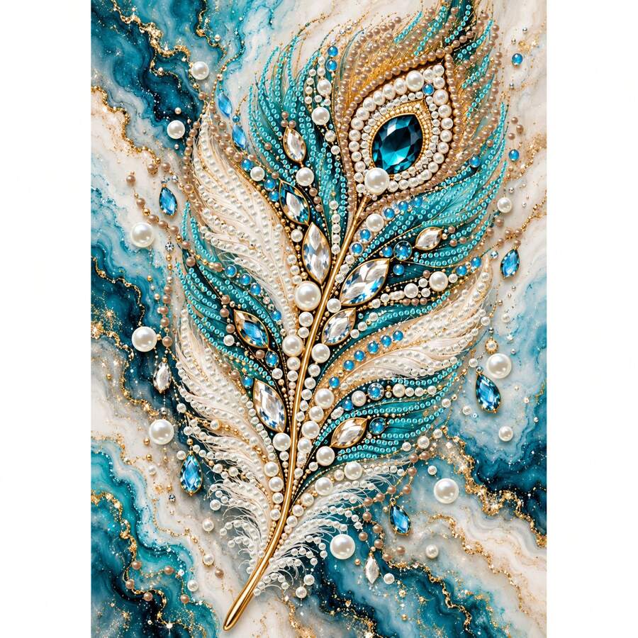 DIY 5D Special Shaped Pearl Diamond Painting Kit, Teal Gold Rhinestone Peacock Feather With Fluid Marble Background Art Canvas, 30x40cm Frameless, Home Wall Decor, Handmade Gift - View 1
