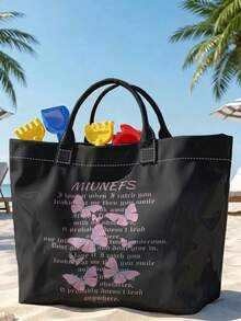 1pc Lavender Butterflies Print Glossy PVC Tote Bag,Large Capacity,Top Handle,For Beach,Commute & Daily Use,Versatile And Practical.Ideal Gift Item - Black - View 3