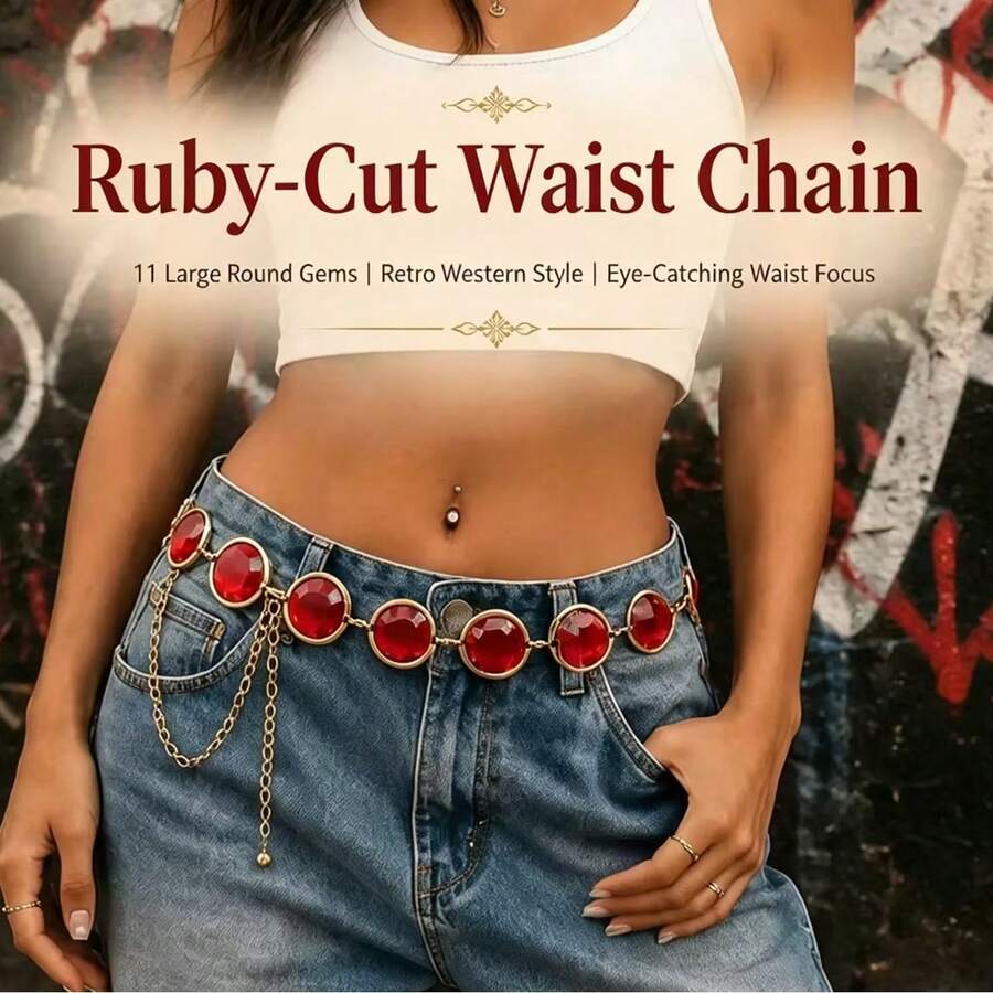 Cosplay Costume Red Crystal Chain Belt, Plus Size Gold Trim Rhinestone Waist Accessory, With DIY Replaceable Parts, For Themed Events - Ruby 3-piece Set - View 1