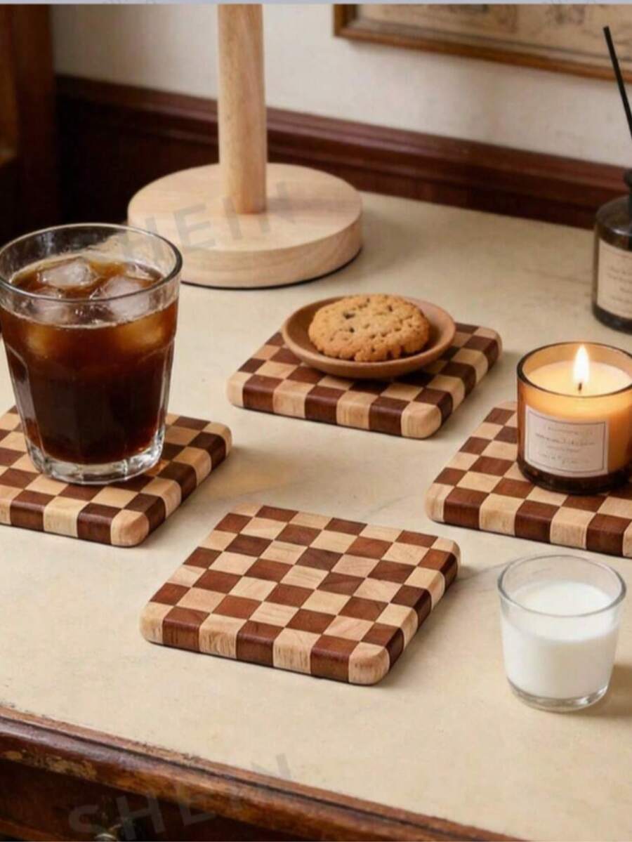 1PC/2PCS/3PCS/4PCS Checkerboard Solid Wood Coffee Coasters, Creative Square Coasters, Antibacterial And Mildew-Proof Household Heat Insulation Pads, Tea Trays, Cake Trays, Tea Coasters, Small Trays Suitable For Home, Office, Teahouse Use - Multicolor - View 1