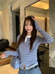 Women's Grey Striped Knit Cardigan Jacket, Autumn New Korean Style Slim Fit Flattering Long Sleeve Outerwear (Random Stripes) - Grey-blue - View 5