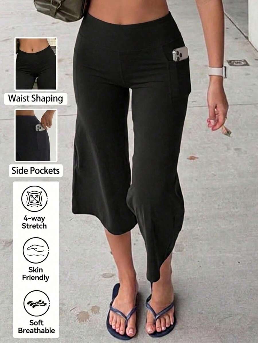 Women's Pure Black High Waist Short Casual Pants, With Side Pockets, Elastic Flare Leg Capris, Suitable For Daily Wear - Black - View 1