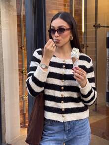 Women's Striped Plush Cardigan, Cute Button Sweater Top, Suitable For Coffee Dates, Outings And Holiday Outfits - Black - View 4