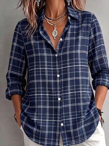 Women's Bohemian Style Plus Size Printed Shirt Long Sleeve Autumn Top, Shirt Collar Design, Creating Fashionable Lady Look - Navy Blue - View 2