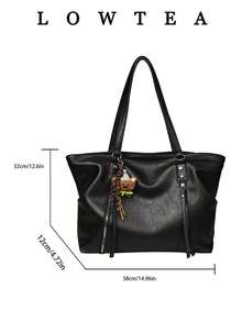 1pc Solid Color PU Fabric Women's Casual Large Capacity Shoulder Tote Bag With Cloud Pleated Design, Double Handles And Zipper Closure, Suitable For Daily Shopping And Commuting (With Pendant) - Black - View 2