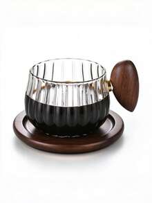 1pc Transparent/Grey Wooden Handle Glass Cup, Glass Coffee Cup & Saucer Set, Premium Afternoon Tea Set With Spoon, Fashion Style Coffee Glass Cup, Back To School Essential - Multicolor - View 12