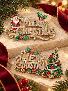1pc Santa Claus/Christmas Tree Shaped Rhinestone Brooch, Gold Tone Merry Christmas Letter Enamel Pin, Vintage Exquisite Holiday Accessory, Suitable For Coats, Sweaters, Scarves And Bags Decoration, Christmas Party Outfit And Holiday Gift - Multicolor - View 1