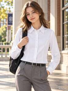 Teen Girls Classic Preppy Style Fitted White Long Sleeve Blouse, Suitable For School Activities, Parties, Performances And Formal Occasions - White - View 2