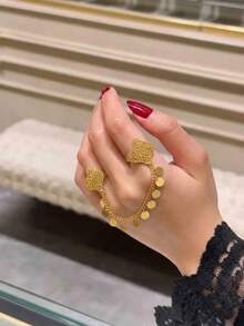 24K Gold Plated Ring, Rust-Resistant Gold Alternative Filigree Clover Double Finger Connected Coin Dangle Statement Ring Jewellery Women - 01 - View 3