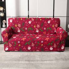1pc Christmas Party Decorative Couch Covers (With Santa Claus, Snowflakes And Gingerbread Patterns) Polyester Fiber Sofa Cover, Christmas Home Decor - Red - View 5