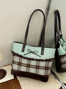 Túi tote đeo vai nữ phối patchwork họa tiết kẻ caro và in sao, viền bèo nhún trang trí nơ, dung tích lớn, phong cách thường ngày đi mua sắm cho phái nữ - màu xanh lá - Xem 7
