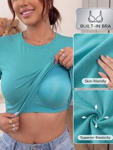 Plus Size Scoop Neck Short Sleeve Knitwear, Solid Layering Tee With Integrated Shaping Support, Women Comfort Daily Outfit - Cadet Blue - View 2