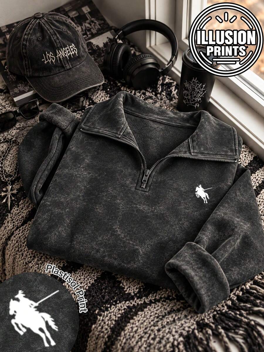 Women's Autumn/Winter New Minimalist American Style Equestrian Small Logo Print Casual Half-Zip Mock Neck Sweatshirt, Fashionable Versatile Everyday Wear - Black - View 1