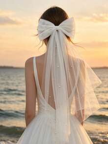 1pc Elegant Satin Bow Beaded Short Veil Mesh Bridal Headpiece - Multicolor - View 3