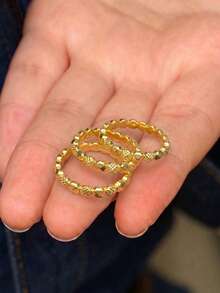 3Pcs 21K Gold Plated Ring Set, Rust-Resistant Gold Alternative Faceted Beaded Textured Stackable Finger Rings Band Jewellery Women - 01 - View 3