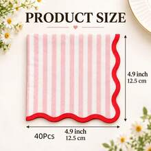 10/24/40 Pink Striped Party Napkins With Red Wavy Edges, Simple & Luxe Cocktail Napkins, Perfect For Weddings, New Year, Christmas And Garden Parties - Red Bow Lace - View 7