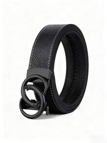 Men's Double Ring Leopard Head Automatic Buckle PU Belt, Litchi Grain Stitching, 47 Inch Business Leather Belt - Multicolor - View 5