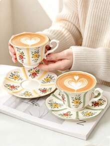 1set Vintage Floral Coffee Mug And Saucer Set,Elegant Striped Flower Teacup For Breakfast, Home Office, Gift For Women - Multicolor - View 9