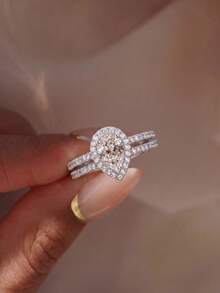 2pcs/Set Single Pear-Shaped Diamond Ring, Shiny Luxury Women's Promise Ring, Suitable For Wedding, Party And Other Occasions - Silver - View 2