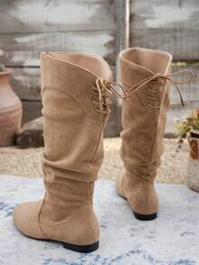 Women's Suede Ruched Mid-Calf Boots, Round Toe, Back Lace-Up, Flat Sole, Slouchy Boots, Casual, Versatile, Daily Commute, Outdoor Wear - Apricot - View 5