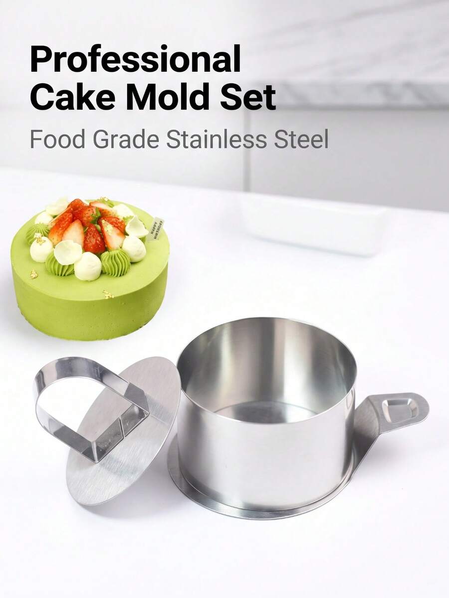 3pcs Stainless Steel Cake Ring Mold Set (Includes 1 Pusher, 1 Lifter And 1 Ring), Multi-Functional Round Kitchen Food Mold, Suitable For Making Desserts, Mousse Cake, Rice Balls, Vegetable Rolls, Cookies, Sweets. - Multicolor - View 1