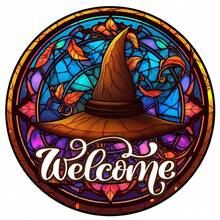 Halloween Welcome Sign Vintage Wooden Stained Glass Door Plaque Hanging Decor For Store Holiday Decoration - Multicolor - View 7