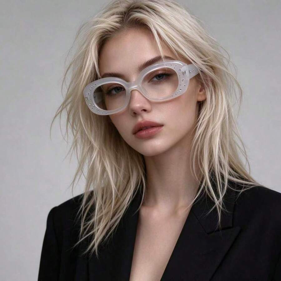 Pure White Transparent Rhinestone Eyeglass Frames, Niche High-End Lensless Decorative Glasses For Daily Outfit And Photography - White - View 1