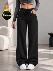 Women Black Fleece Lined Sweatpants Wide Leg Pants With Elastic Drawstring Waist Side Pockets Loose Fit Casual Trousers - Black - View 8