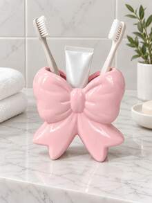 1pc Elegant Bow-Shaped Toothbrush & Toothpaste Holder, Glossy Pink Or Ivory White Bathroom Countertop Organizer, Cute Vanity Storage Decor - Multicolor - View 3