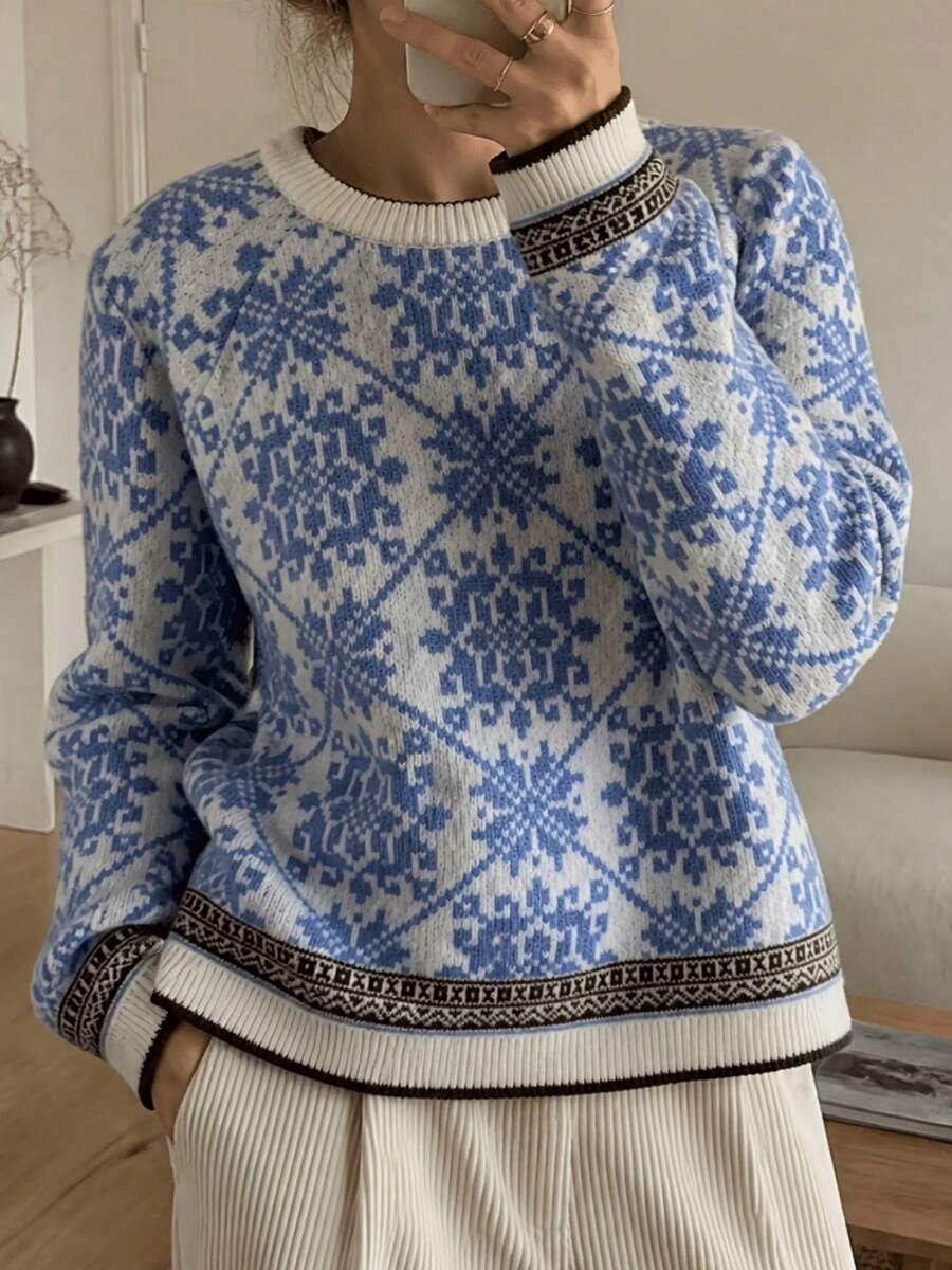 Women's Crew Neck Snowflake Fair Isle Jacquard Knit Sweater, Soft Warm Cozy Pullover Top, Ugly Christmas Holiday Casual Winter Sweater - Blue - View 1