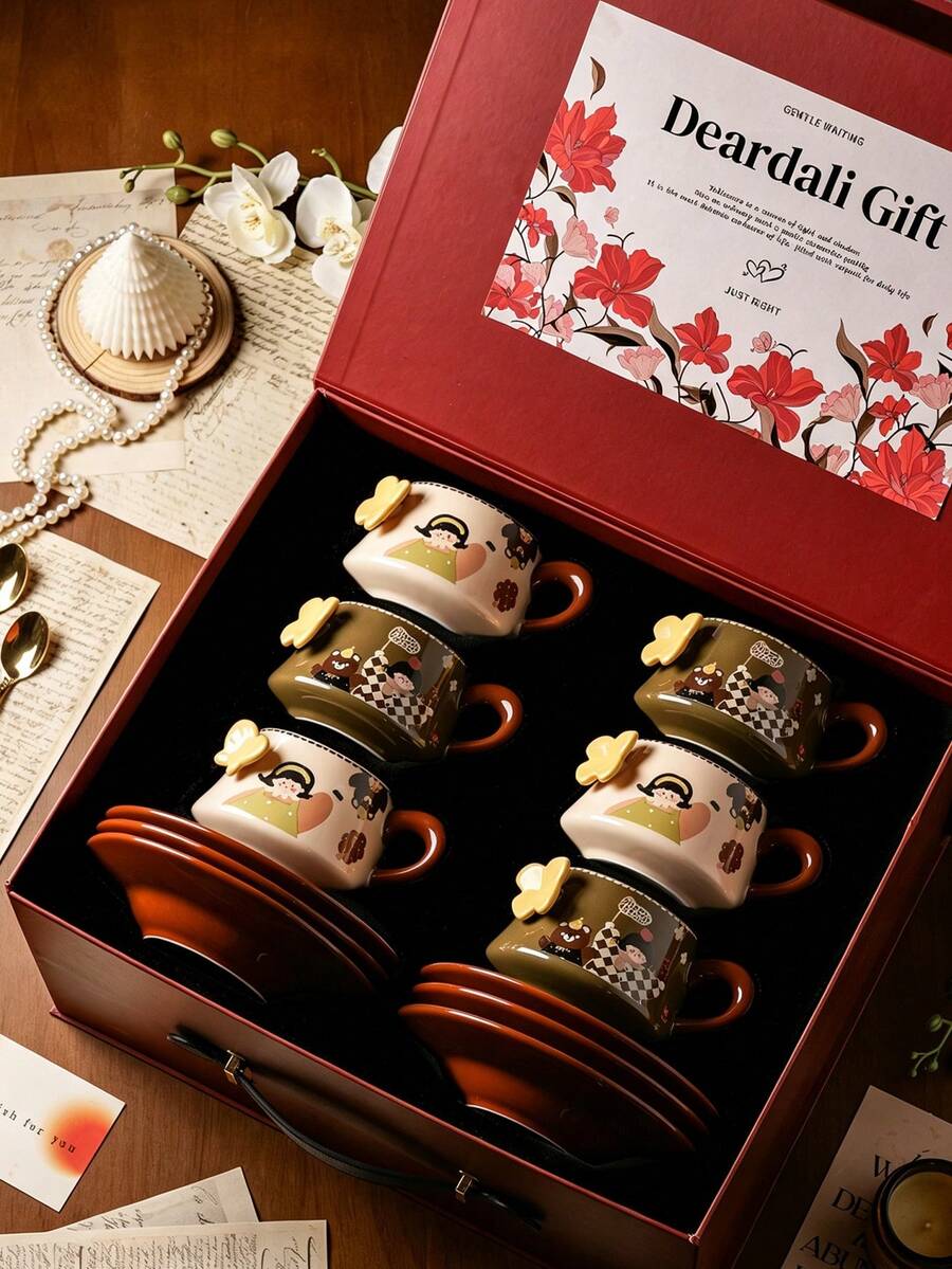 DearDali 1pc Ceramic Coffee Cup And Saucer Set, 3D Butterfly Girl INS Style Cartoon Gift Box, Suitable For Juice, Coffee Or Tea, Home Desktop Decoration, Birthday Holiday Gift, Fun Cup To Give To Others
