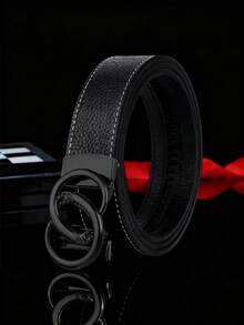Men's Double Ring Leopard Head Automatic Buckle PU Belt, Litchi Grain Stitching, 47 Inch Business Leather Belt - Multicolor - View 10