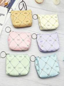 Fashionable Mini Polka Dot Print Children's Coin Purse, Bow Print, With Portable Hanging Keychain, Small Size For Storing Coins, Keys, Charging Cables, Earrings, Rings, Period Products, Mini Makeup, Back To School Storage - Multicolor - View 1